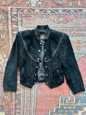 Vintage 80s Diamond Leathers Black Suede Fringe Western Jacket USA Made!